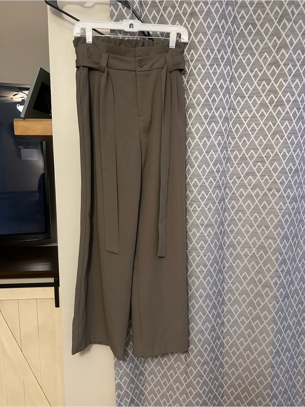 High-Waist Wide-Leg Paperbag Pants in Taupe with Self-Tie Belt
